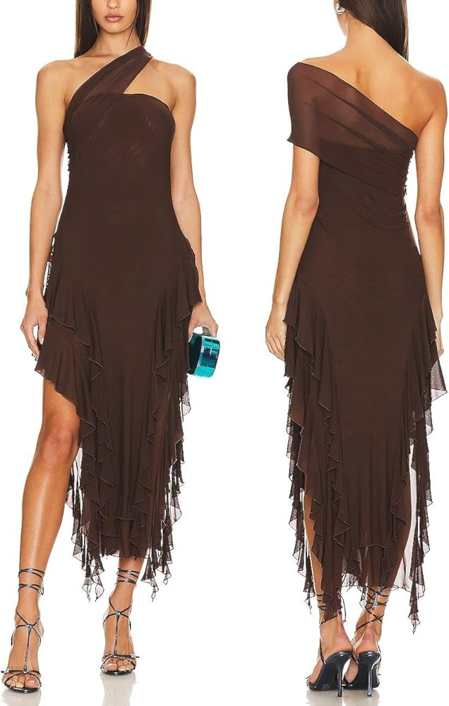 ALENDA DANMOS Womens Sexy Strapless One Shoulder Maxi Dress Irregular Split Mesh Ruffles Tassel H... | Amazon (US)