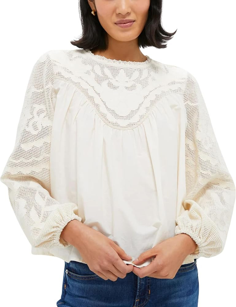 Women's Long Sleeve Lace Blouses Crew Neck Embroidered Mesh Lace Shirt Flowy Patchwork Babydoll T... | Amazon (US)