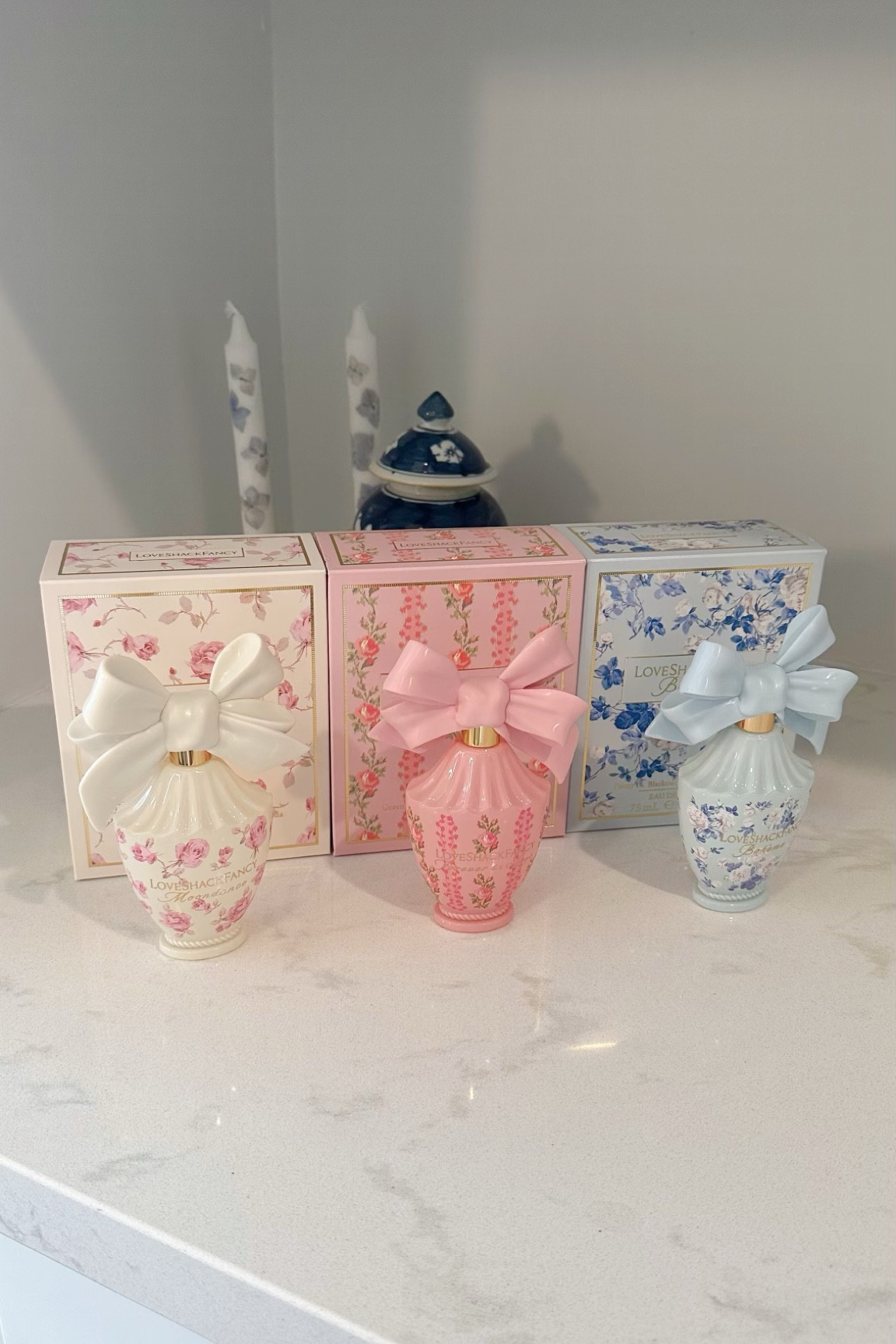 THEY’RE HERE!!!! The LoveShackFancy fragrances🎀🌸🌷🩵💕 

Buying them for the bottle alone is even justifiable but they are all beautiful fragrances! If I had to pick, the white one (Moondance) is my fav! 