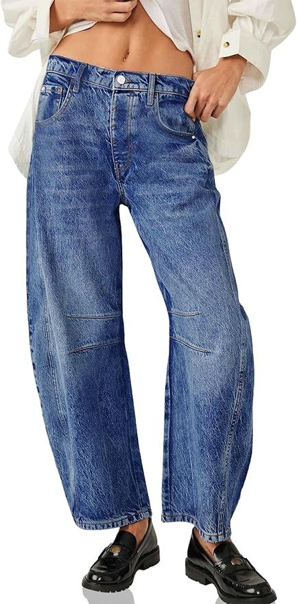 ALLABREVE Barrel Jeans for Women Trendy High Waisted Wide Leg Baggy Boyfriend Jeans Mid Rise Deni... | Amazon (US)