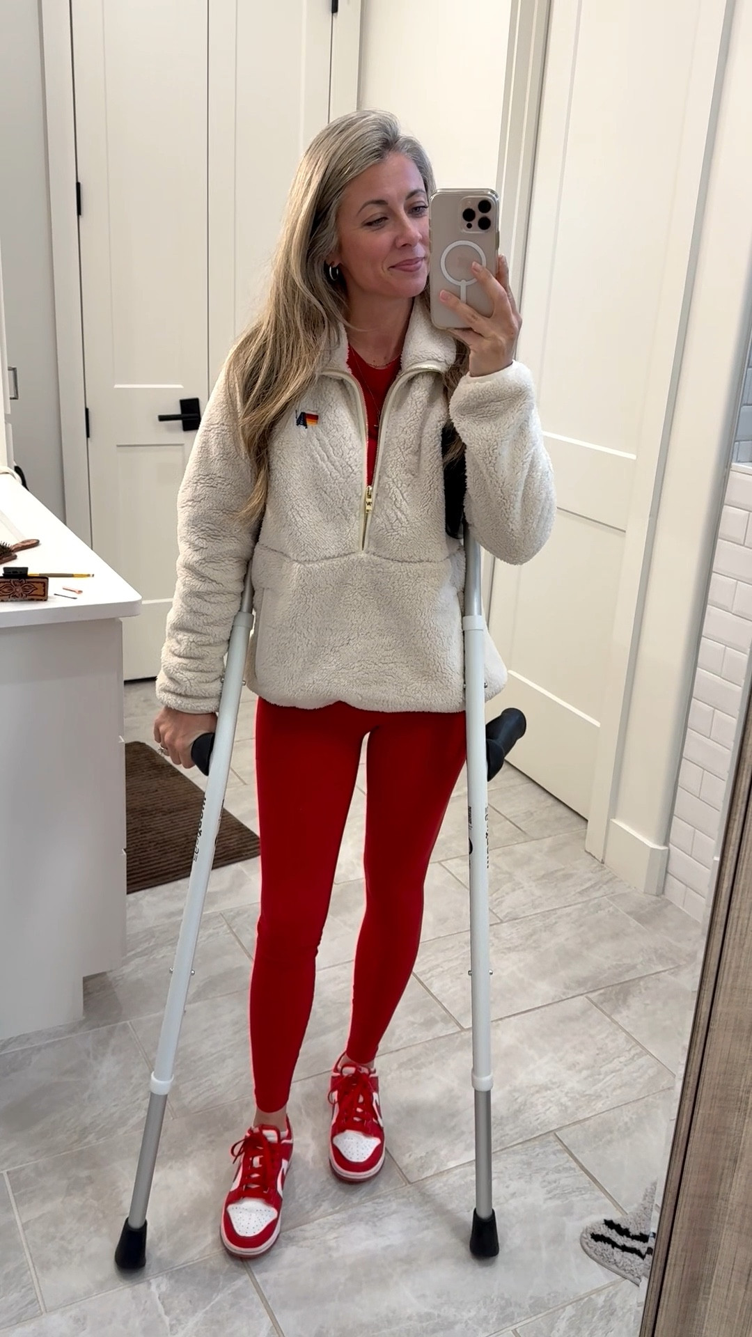 OOTD! Aviator Nation for the win in this Sherpa jacket! It is so cozy and warm for the winter! It would be a perfect gift for the Christmas! Wearing a small! And obsessed with the these new red All in motion leggings from Target! And they have pockets on the side for your phone too!! My red matching top is OOS! And my shoes are amazing red dunks from Nike! 

#LTKHoliday #LTKootd #LTKOver40