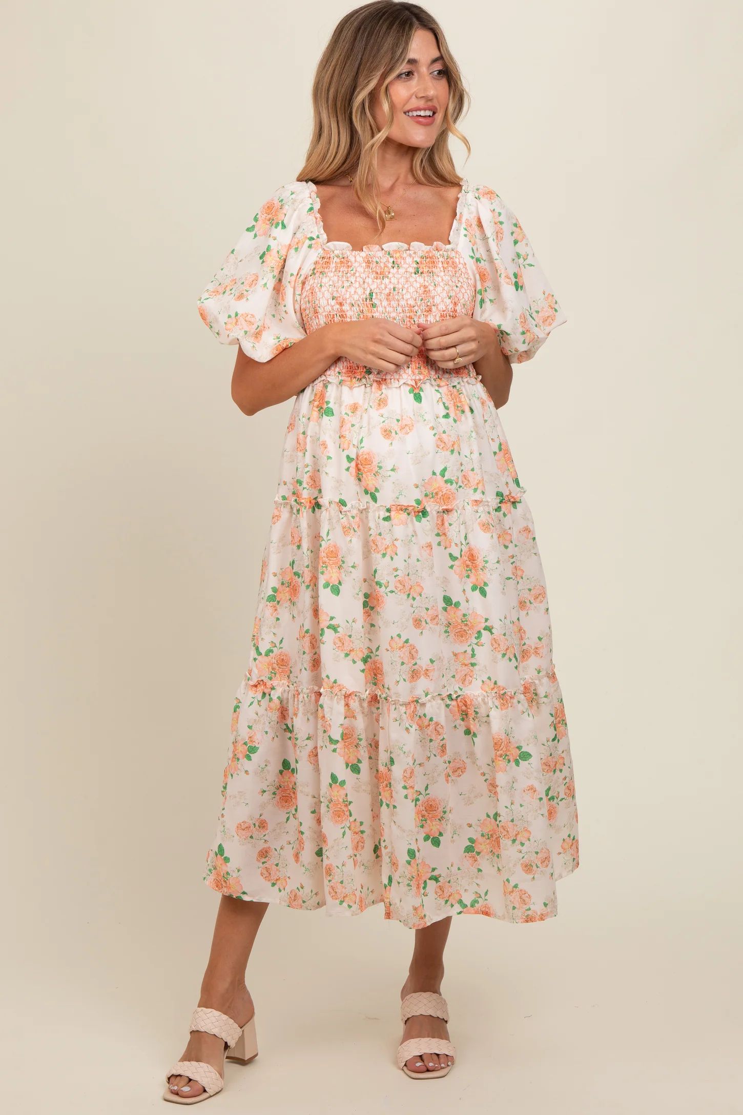 Peach Floral Smocked Puff Sleeve Maternity Midi Dress | PinkBlush Maternity