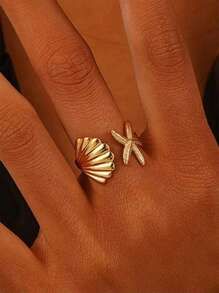 1 Pc Gold Seashell & Starfish Shaped Adjustable Ring, Summer Beach Style Simple Hand Accessory Fo... | SHEIN