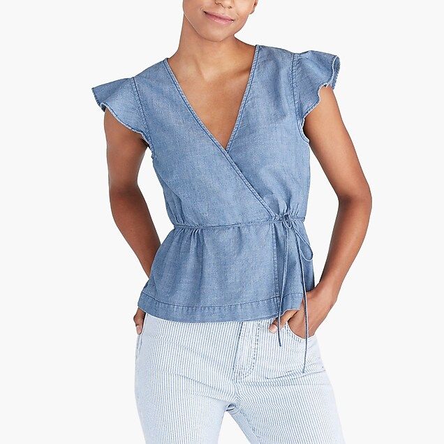 Flutter-sleeve faux-wrap top in chambray | J.Crew Factory