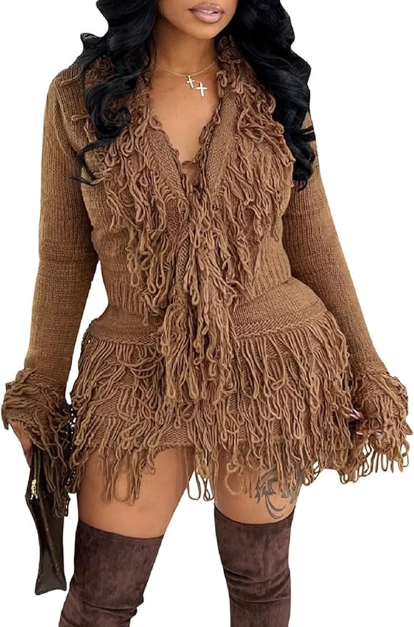 Tbahhir 2 Piece Sweater Skirt Set for Women Fall Long Sleeve Fringe Sweaters Tops and Bodycon Tas... | Amazon (US)