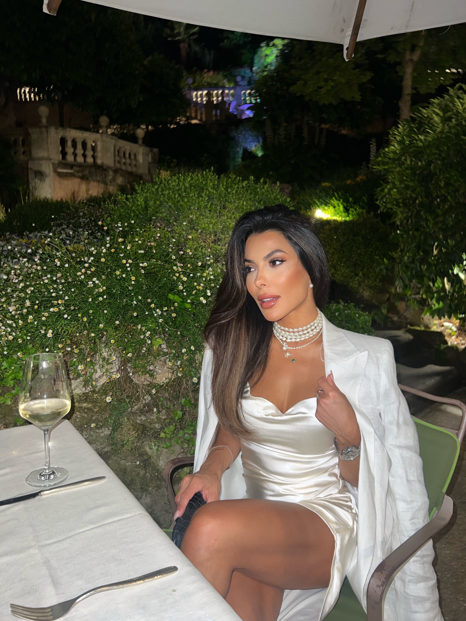 Holiday outfit inspo, satin dress, silk dress,cowl neck dress, cream satin, white dress, linen blazer, oversized blazer, pearl necklace, Vivienne Westwood, club l London, H&M summer outfit inspo 

#LTKSeasonal #LTKeurope #LTKfit