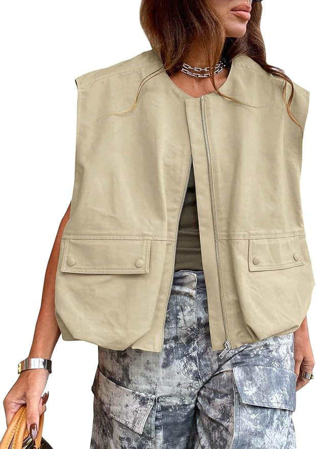 Tankaneo Womens Casual Zip Up Vest Cargo Oversized Ruched Hem Sleeveless Blazer Jackets Tops | Amazon (US)