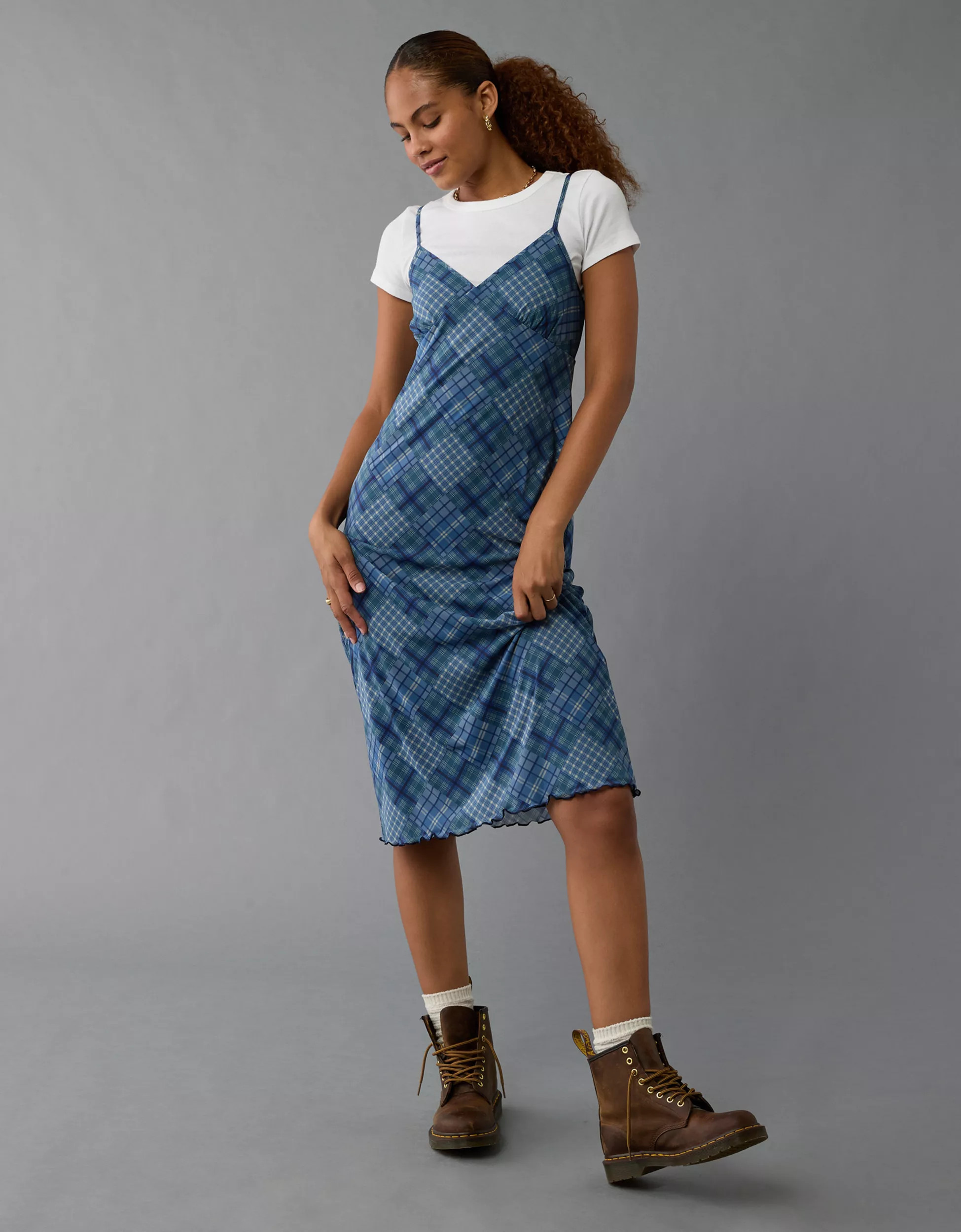 AE Mini Mesh V-Neck Plaid Slip Midi Dress | American Eagle Outfitters (US & CA)