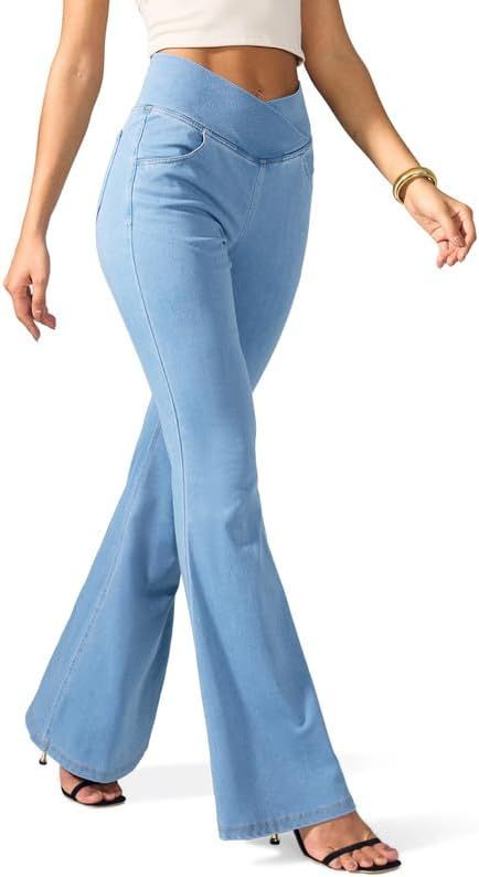 Rammus Flare Jeans for Women Crossover High Waisted Bell Bottom Jeans Trendy Yoga Pants Stretchy ... | Amazon (US)