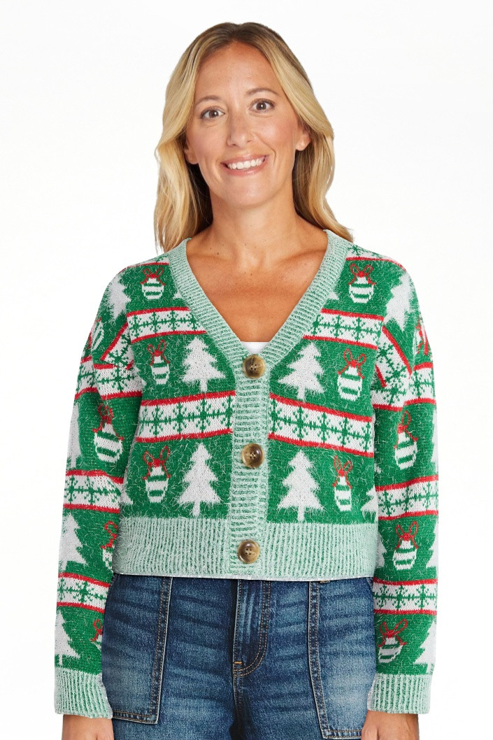 No Boundaries Embroidered Christmas Cardigan, Women's & Women's Plus | Walmart (US)