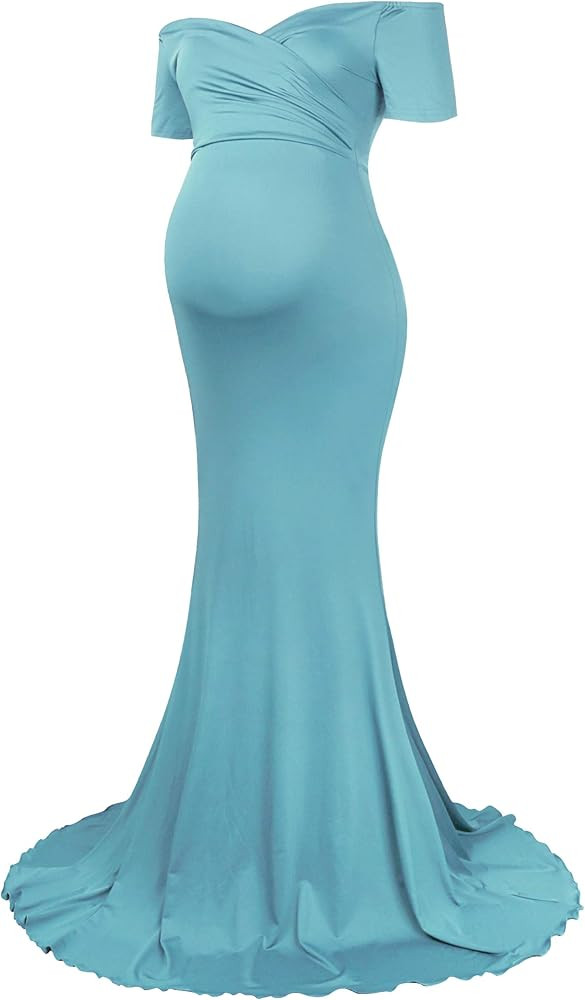 Molliya Maternity Long Dress Off Shoulder Elegant Fitted Gown Stretchy Maxi Photography Dress | Amazon (US)