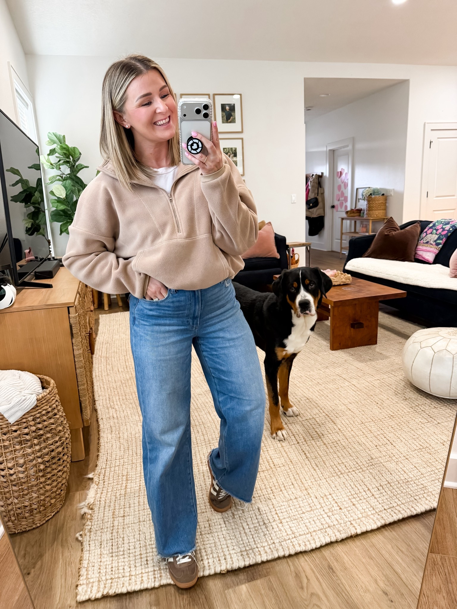Easily one of my most favorite Amazon purchases paired with one of my most favorite pairs of jeans. 

Medium fleece but I could have done a small
27 jeans 
Shoes run generous 

Dog- don’t be fueled by his cuteness! 

#LTKOver40 #LTKPetite #LTKootd