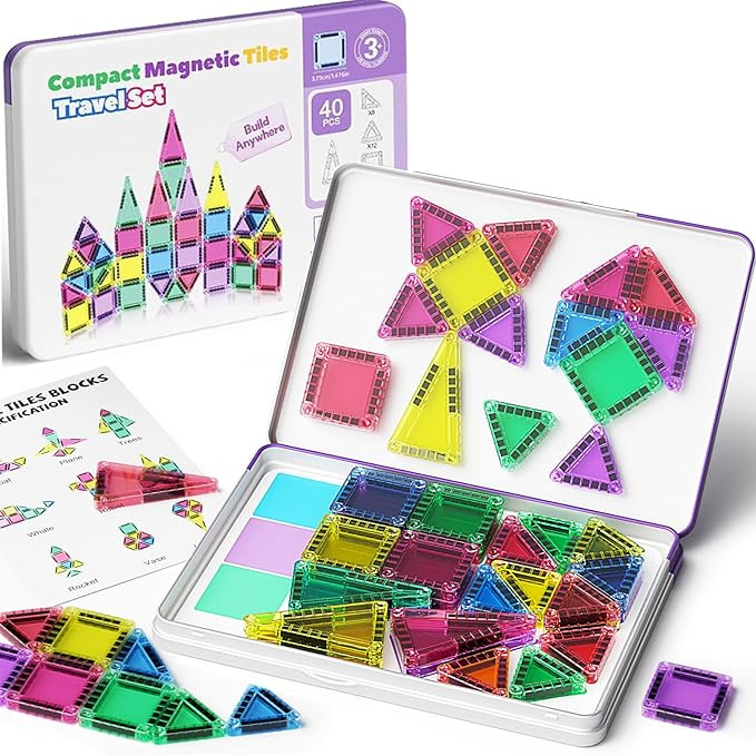 Mini Magnetic Tiles, 40PCS Magnetic Building Blocks with Iron Box, Magnet Toys Travel Size On-The... | Amazon (US)