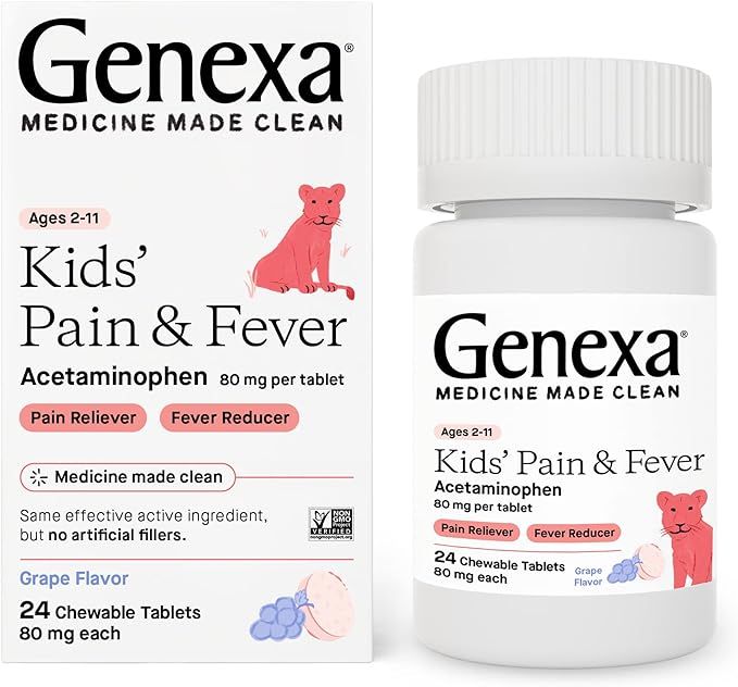 Genexa Kids’ Pain and Fever Reducer | Childrens Acetaminophen, Dye Free, Chewable Tablets for K... | Amazon (US)