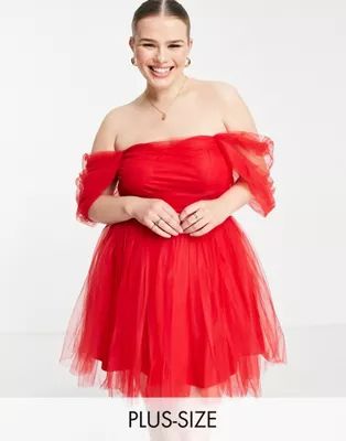 Lace & Beads Plus exclusive off shoulder wrapped tulle mini dress in pillarbox red | ASOS (Global)