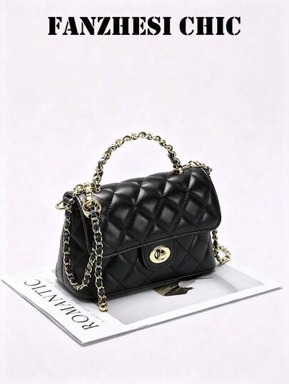 Women's Elegant Black Quilted Flap Handbag, Dual Gold Chain Handle & Shoulder Strap, Round Twist Lock Hardware, Suitable For Shopping, Dating Occasions | SHEIN