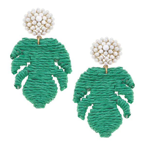 Natalie Raffia Palm Leaf Pearl Drop Earring in Green | CANVAS