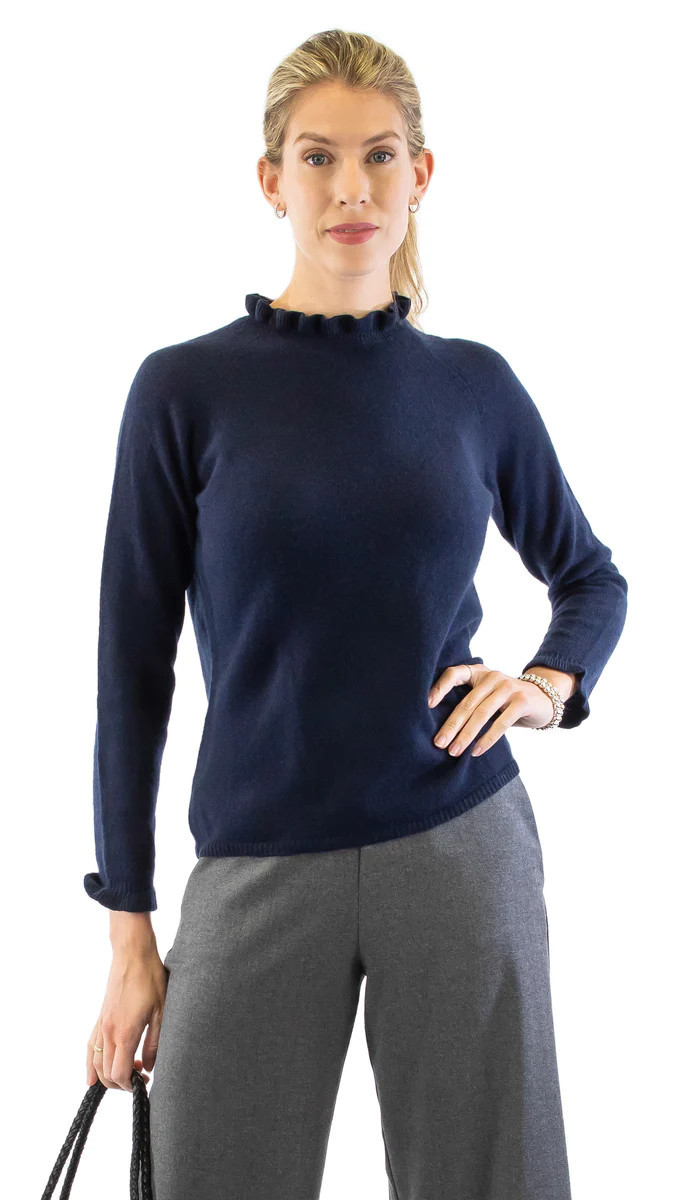 Cashmere Evie Ruffle Pullover - Indigo | Pearls
