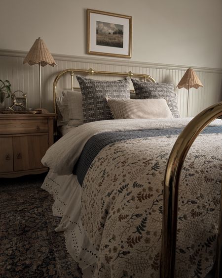 Blue throw pillows, chunky knit throw blanket, linen bedding, bed skirt, girls bedroom rug, gold framed art

#LTKhome