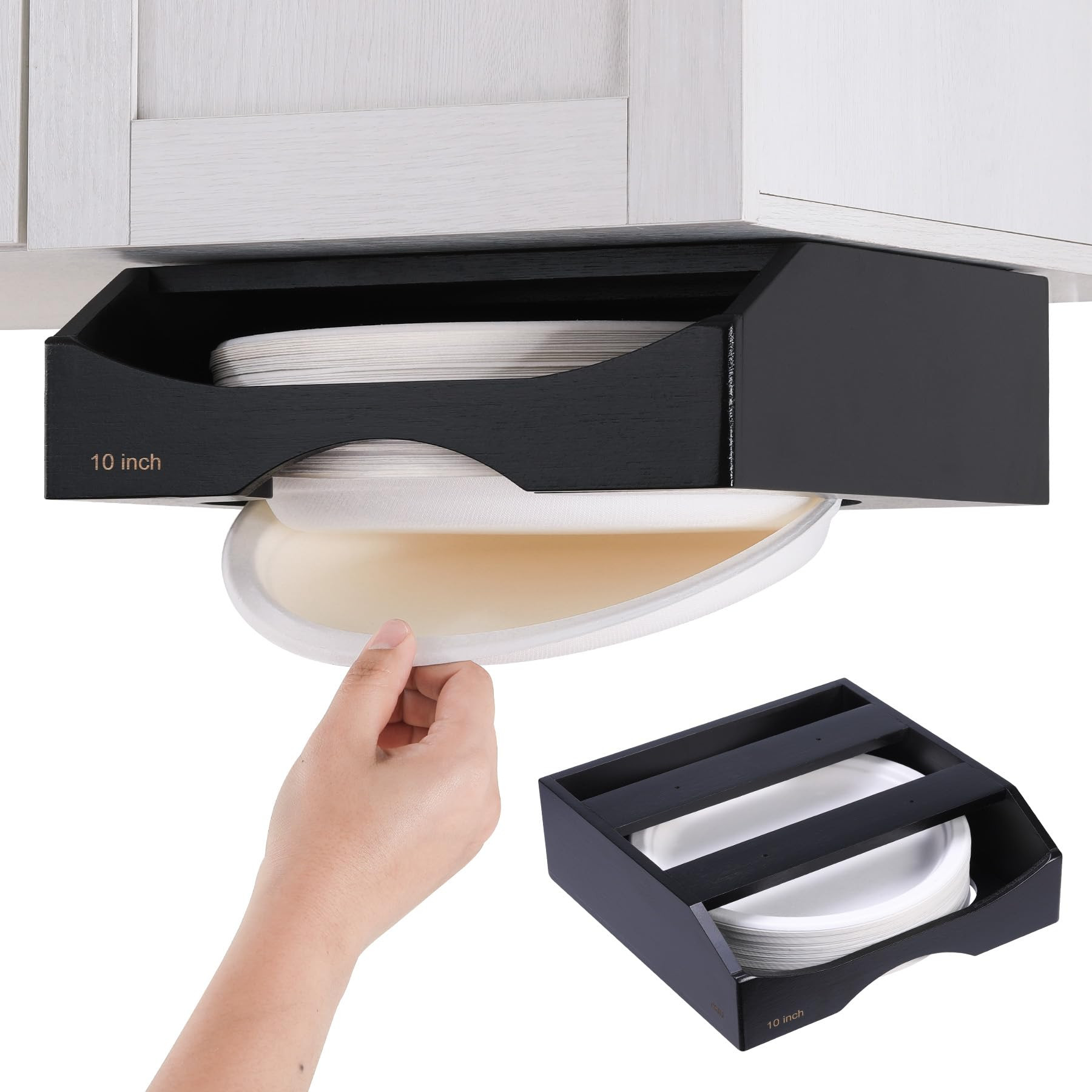 10-inch Paper Plate Dispenser Under Cabinet,Bamboo Paper Plate Holders,Kitchen Counter Vertical Plate Dispensers Holders Countertop Caddy (For 10-inch Plates,Black) | Amazon (US)