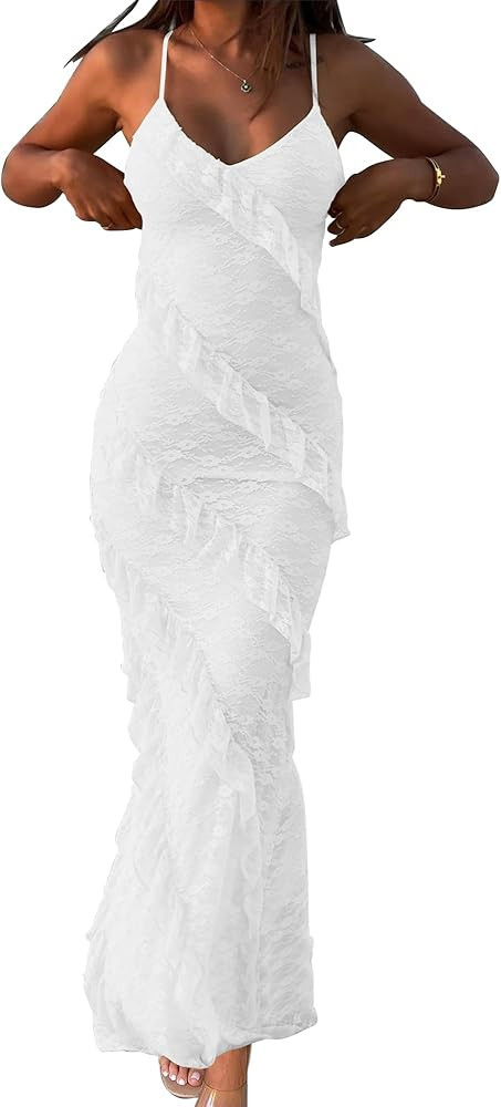 HOCILLE Women's Sexy V Neck Floral Lace Wedding Bodycon Spaghetti Strap Elegant Ruffle Maxi Cockt... | Amazon (US)