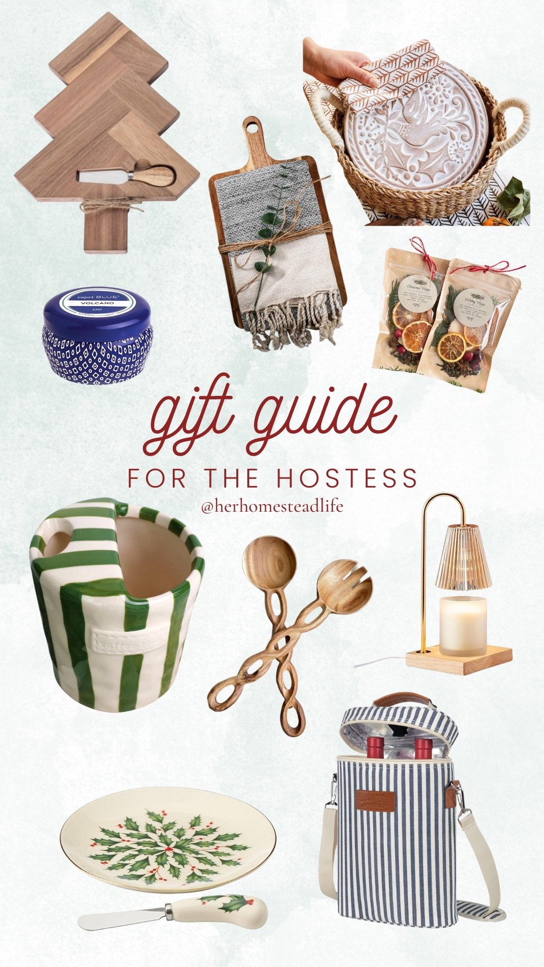 Christmas gifts for the hostess

Cutting board | charcuterie board | potpourri | candle warmer | ceramic mug | serving spoons | drink carrier | wine basket | bread stone

#LTKGiftGuide #LTKHoliday #LTKHome