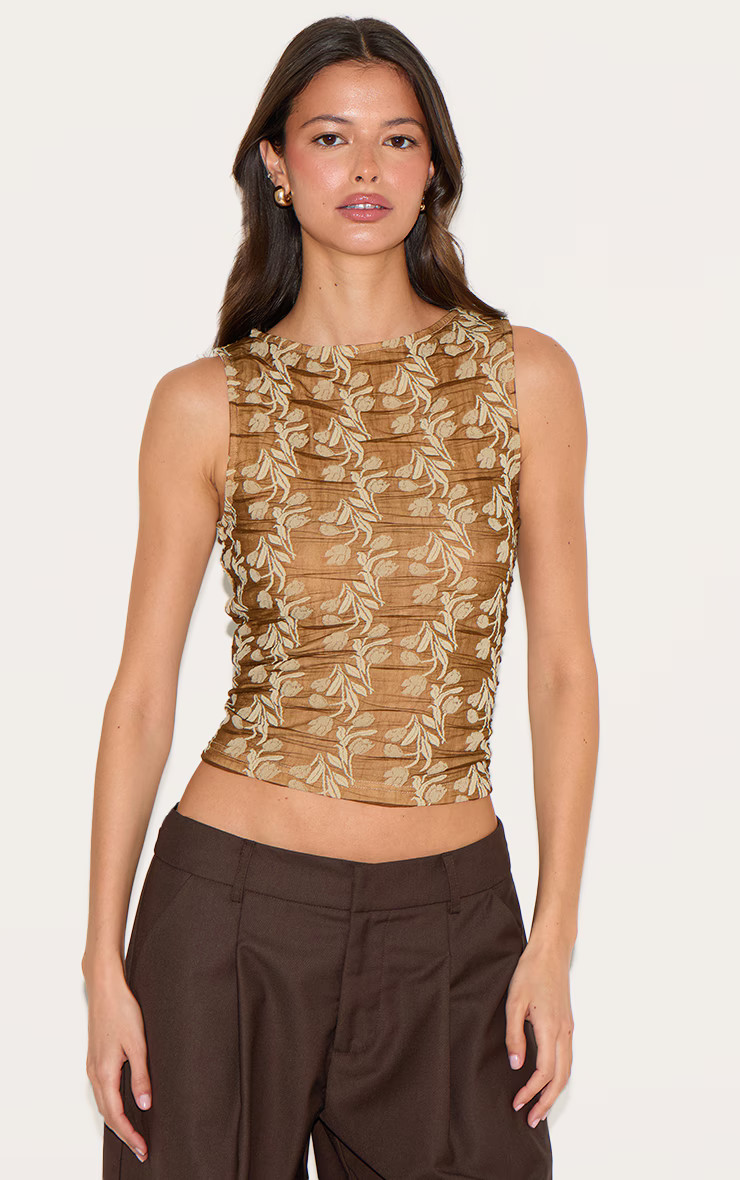 Brown Embroidered Chiffon Textured Racer | PrettyLittleThing US