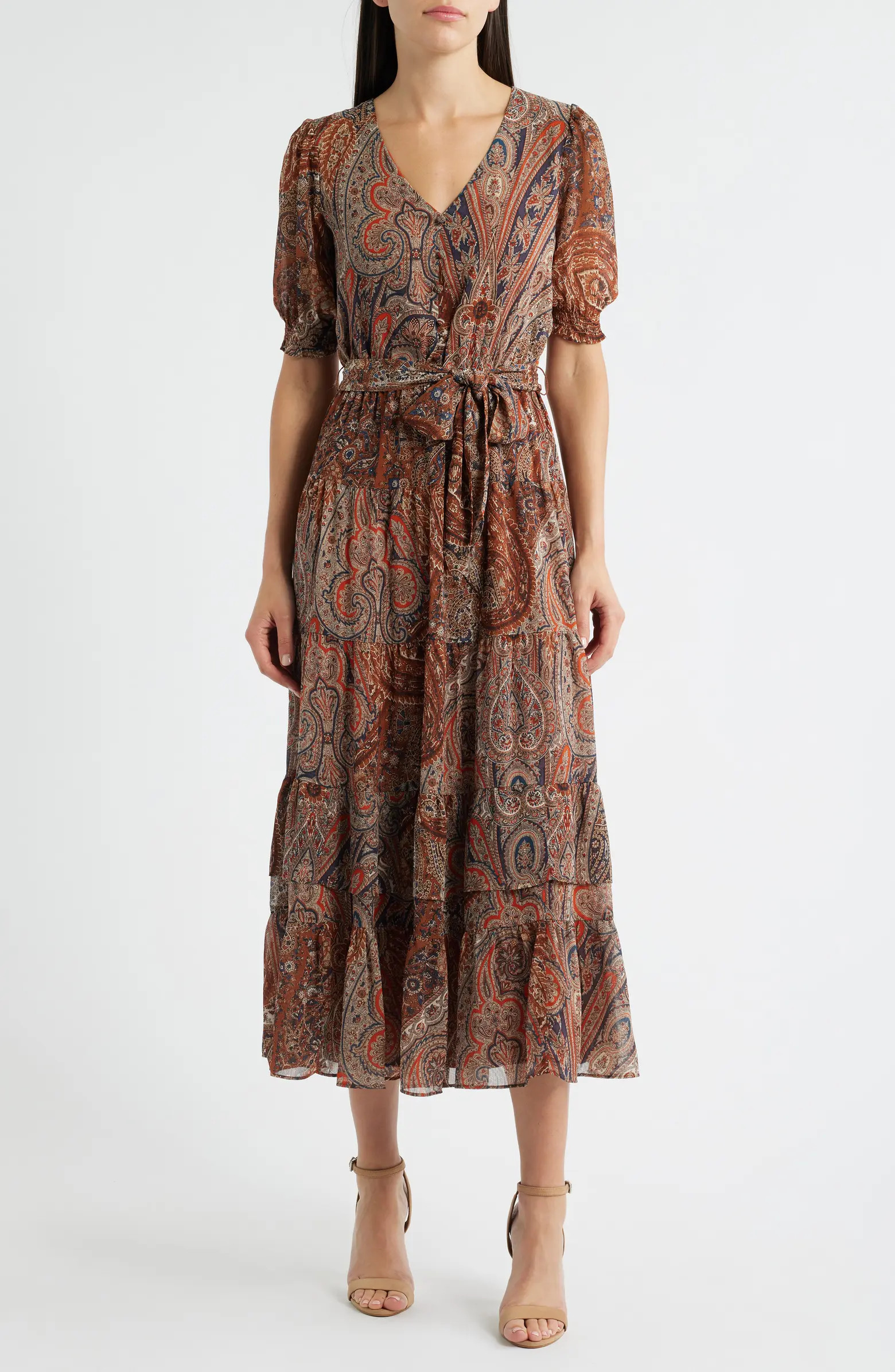 Lauren Ralph Lauren Paisley Belted Crinkle Georgette Midi Dress | Nordstrom | Nordstrom