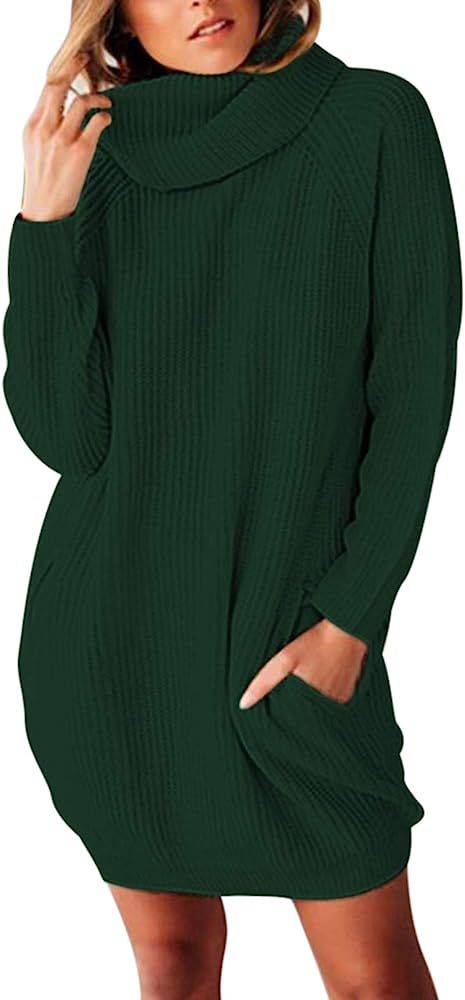 Sovoyontee Women's Long Sleeve Baggy Oversized Turtleneck Pullover Sweater Dress with Pockets | Amazon (US)