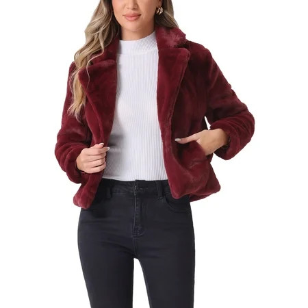 INSPIRE CHIC Women's Winter Fashion Loose Faux Fur Cropped Jacket Coat L Burgundy | Walmart (US)