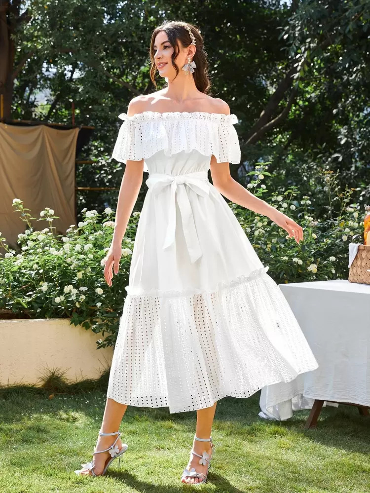 SHEIN Ruffle Off Shoulder Belted Eyelet Embroidery Trim Dress | SHEIN