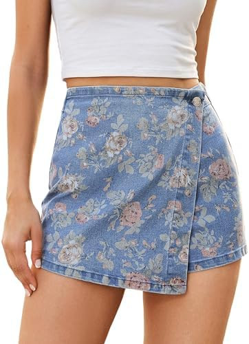 luvamia Denim Skorts for Woman Trendy Floral Print Faux Wrap Stretchy High Waisted Elasitc Waist ... | Amazon (US)