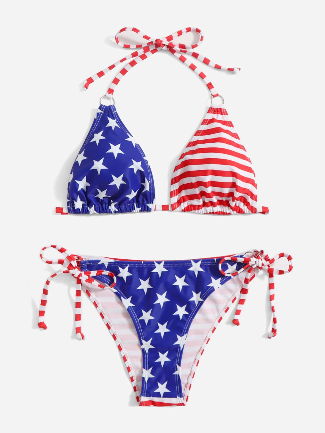 American Flag Print Halter Triangle Bikini Swimsuit | SHEIN