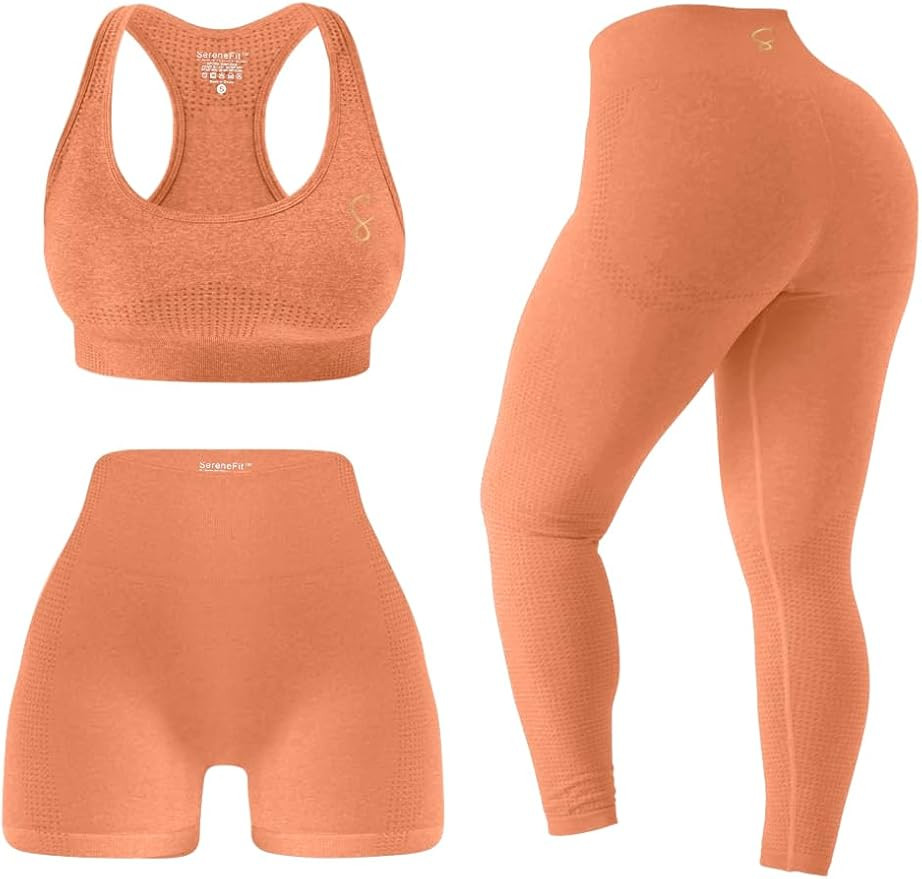 3 Piece Workout Sets For Women Seamless High Waisted Matching Exercise Leggings Shorts and Sports... | Amazon (US)