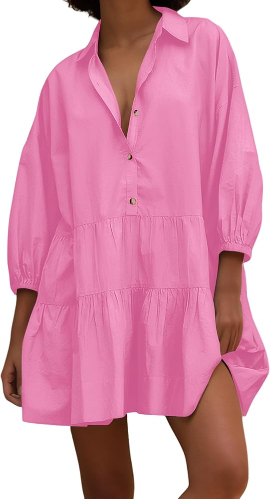 Women's Cute Summer Babydoll Shirt Mini Dress Puff Sleeve Flowy Tunic Shirt Dress Button Down Loo... | Amazon (US)