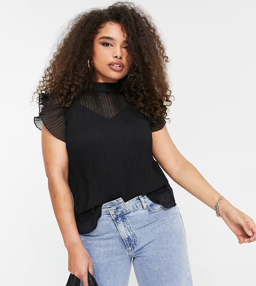 ASOS DESIGN Curve short sleeve pleated top in black | ASOS (Global)