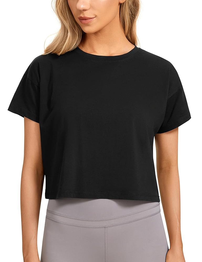 CRZ YOGA Women's Pima Cotton Workout Short Sleeve Shirts Loose Athletic Crop Tops Gym Casual Crop... | Amazon (US)