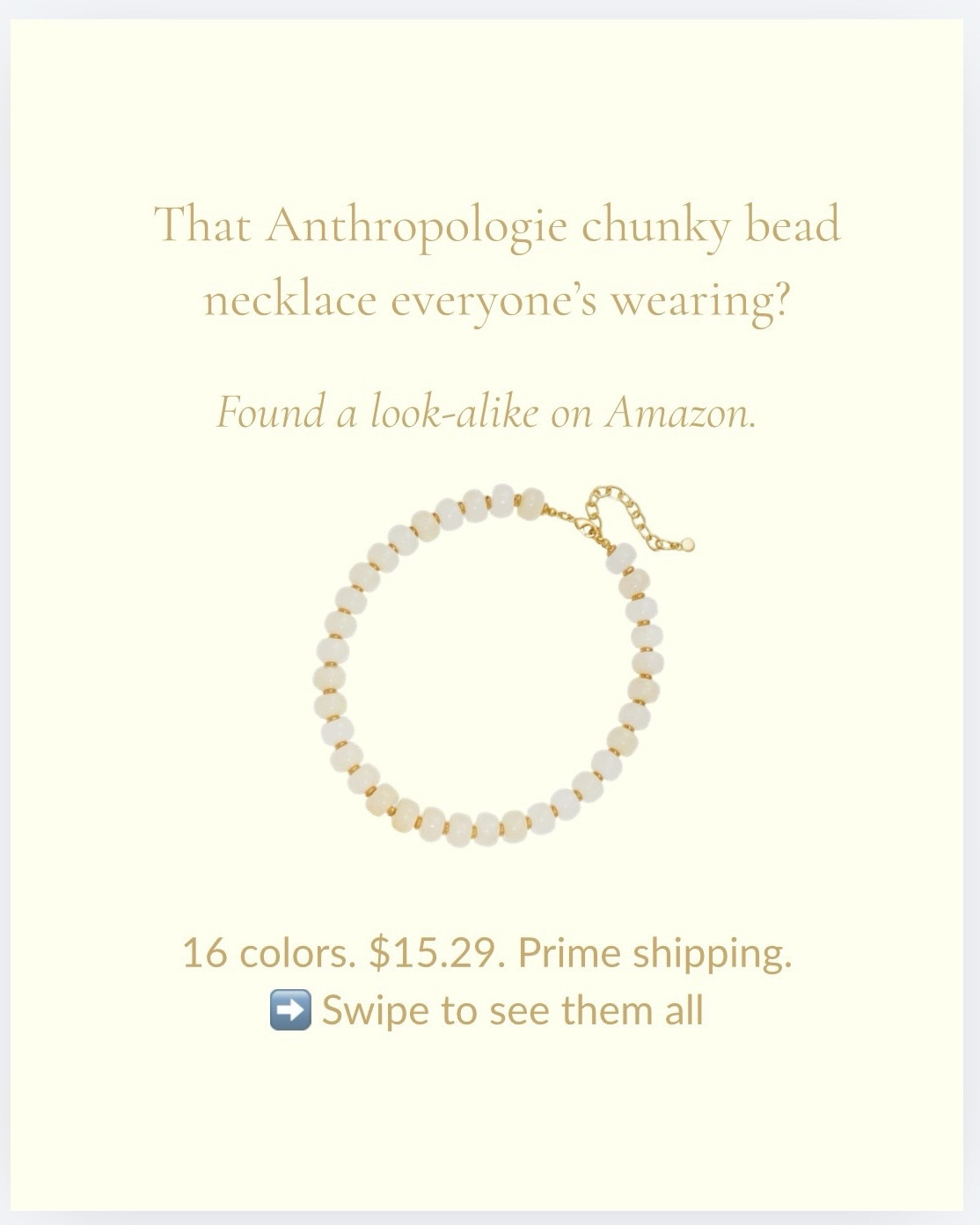 That Anthropologie chunky bead necklace is having a MAJOR moment right now — and I found a similar one on Amazon for $15.29. 👀
It comes in 16 colors, has the same chunky rondelle beads, the same gold hardware accents, and it ships in 2 days with Prime. I’ve been stacking mine and honestly can’t tell the difference.
Whether you’re dressing it up for vacation, throwing it on with a white tee, or using it as your pop of color for the day — this necklace does it all.
💛 Link is in my bio under LTK or my Amazon storefront under May finds! ⬇️ Drop your fave color below — I’m partial to the turquoise but the hot pink is calling my name!  #amazonfashion #beadednecklace #affordablefashion #fashionﬁnds #amazonfashionfinds

#LTKgrwm #LTKootd #LTKSaleAlert