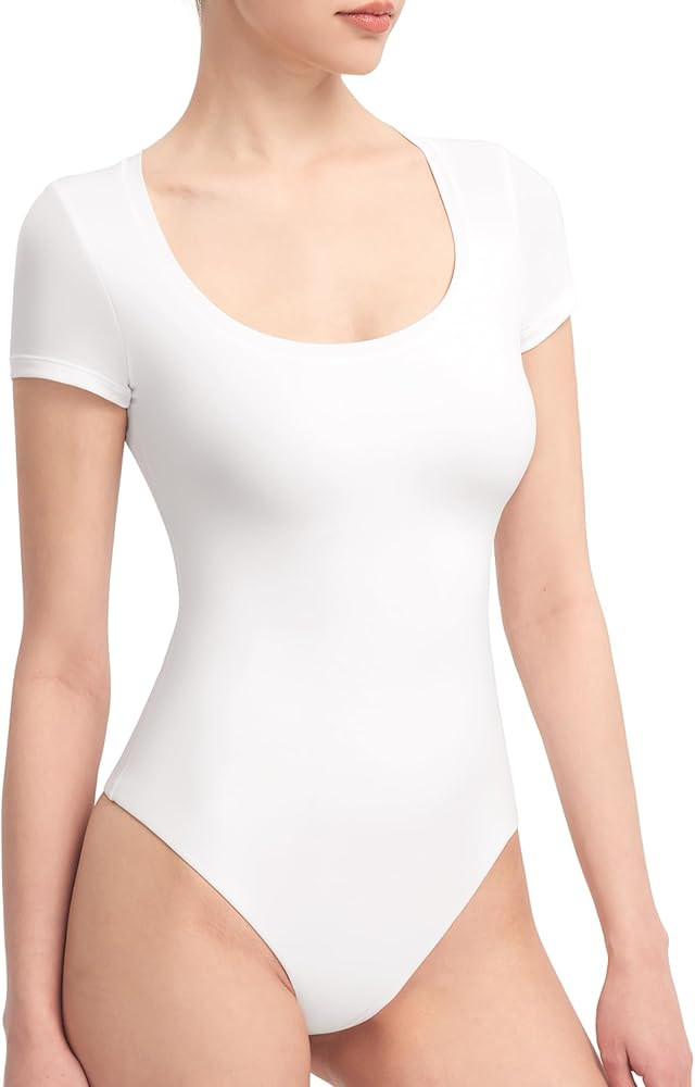 PUMIEY Women's Scoop Neck Short Sleeve Bodysuit Slimming Fit Body suit Top Smoke Cloud Pro Collec... | Amazon (US)