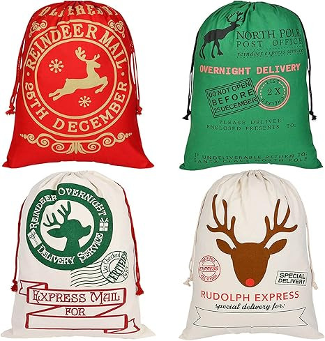 4 Pcs Christmas Bag Santa Sack Canvas Bag for Gifts, 27.5''x19.5'' Large Christmas Gift Bag with ... | Amazon (US)