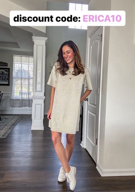 Summer outfit with comfy t-shirt dress 🤍 use code ERICA10 

Casual outfit // comfy outfit for summer // smiley face t shirt dress 

#LTKFindsUnder100 #LTKStyleTip #LTKSeasonal