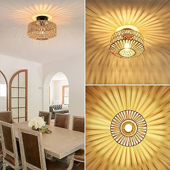 Boho Light Fixtures Ceiling Mount, Mini Boho Rattan Chandelier, Woven Flush Mount Ceiling Light F... | Amazon (US)