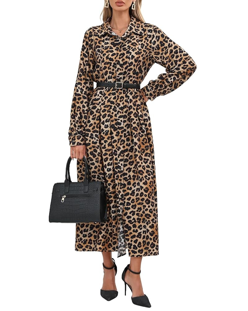 Women's Leopard Printed Maxi Dress Long Sleeve Button Down Shirt Dresses with Belt | Amazon (US)