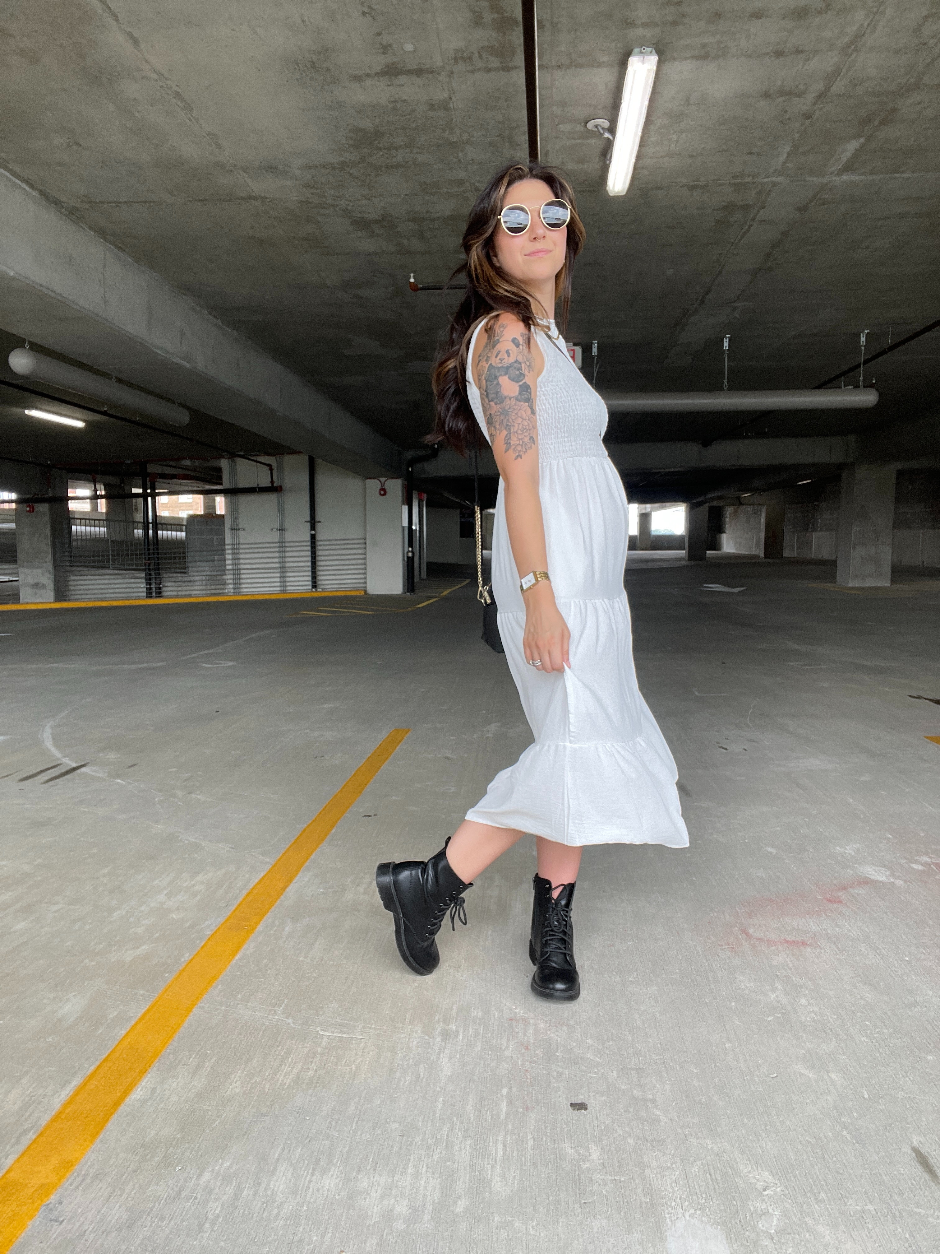 Summer dress, white dress from Amazon in a size small, summer outfit, summer look, summer style, midi dress, back boots, combat boots, gold watch and ray ban sunglasses, mom outfit, mom style, mom look #ltksummer #summer #ltk2025 #ltkdress #ltkamazon # Amazon #boots #dress #whitedress #momstyle #momfashion 

#LTKSeasonal #LTKFindsUnder50 #LTKStyleTip
