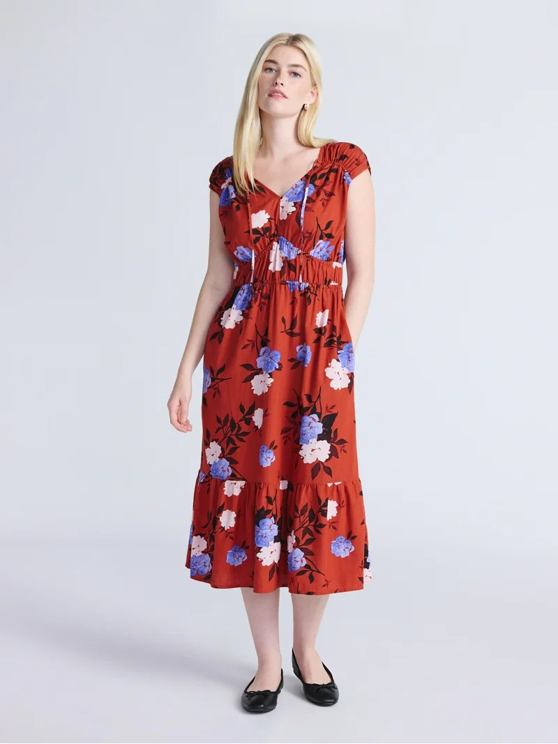 Time and Tru Women's V-Neck Midi Dress, Sizes XS-XXXL | Walmart (US)