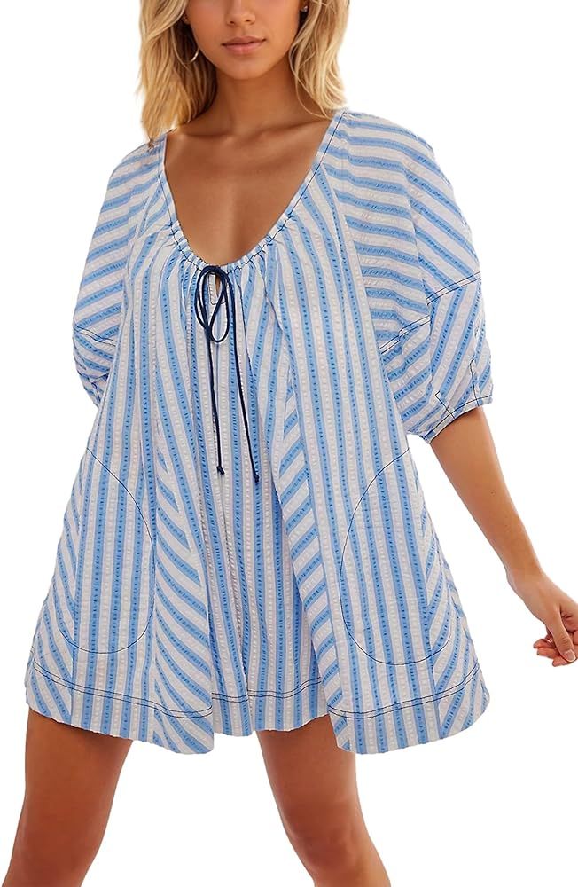 calbatic Women Striped Summer Rompers Puff Short Sleeve Oversized Short Jumpsuits with Pockets Tr... | Amazon (US)