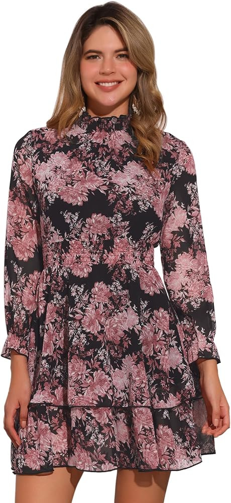 Allegra K Women's Floral Dress Chiffon Long Sleeve Mock Neck Ruffle Layered Smocked Mini Dresses | Amazon (US)