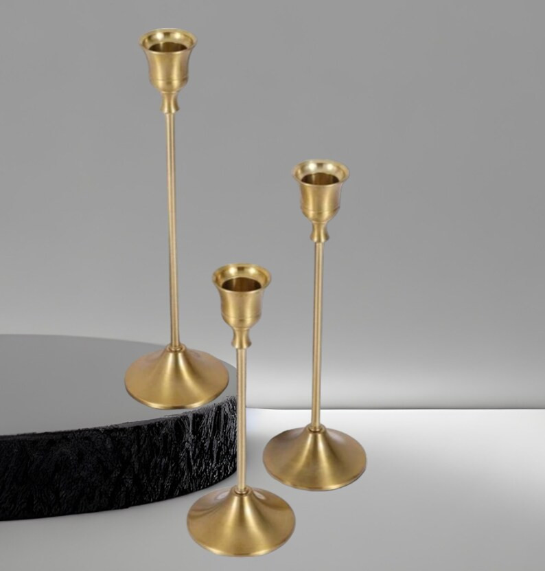 Set of 3 Brass Taper Candle Holders, Matte Gold Candlestick Holders, Gift Idea, Wedding - Etsy | Etsy (US)