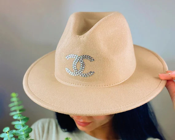Women Stylish Fedora Beige Wide Flat Brim Hat Decorated by Premium Rhinestones | Etsy (US)
