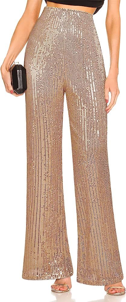 Fengbay Womens Sequin Pants High Waisted Sparkle Bell Bottoms Flare Pants Glitter Wide Leg Shiny ... | Amazon (US)